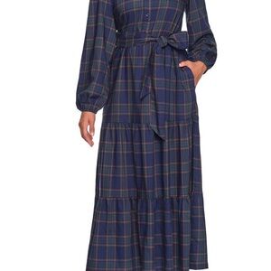Lands' End Blue Checkered Long Sleeve Dress